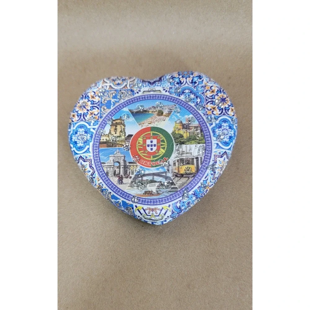 Portugal Souvenir Heart Compact Mirror Azulejo Tile Design Rhinestone Accents